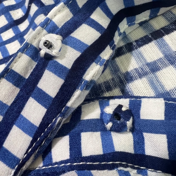 EUC. Postmark 9-H15 {Anthro} Blue + White Checked V-Neck Wrap Blouse Top | Small - Picture 7 of 13